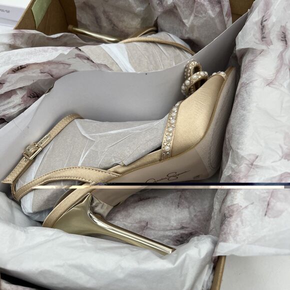Jessica Simpson Nolira Sandals Womens 8M Champagne Rhinestone Bow Stiletto Heel - Picture 7 of 12